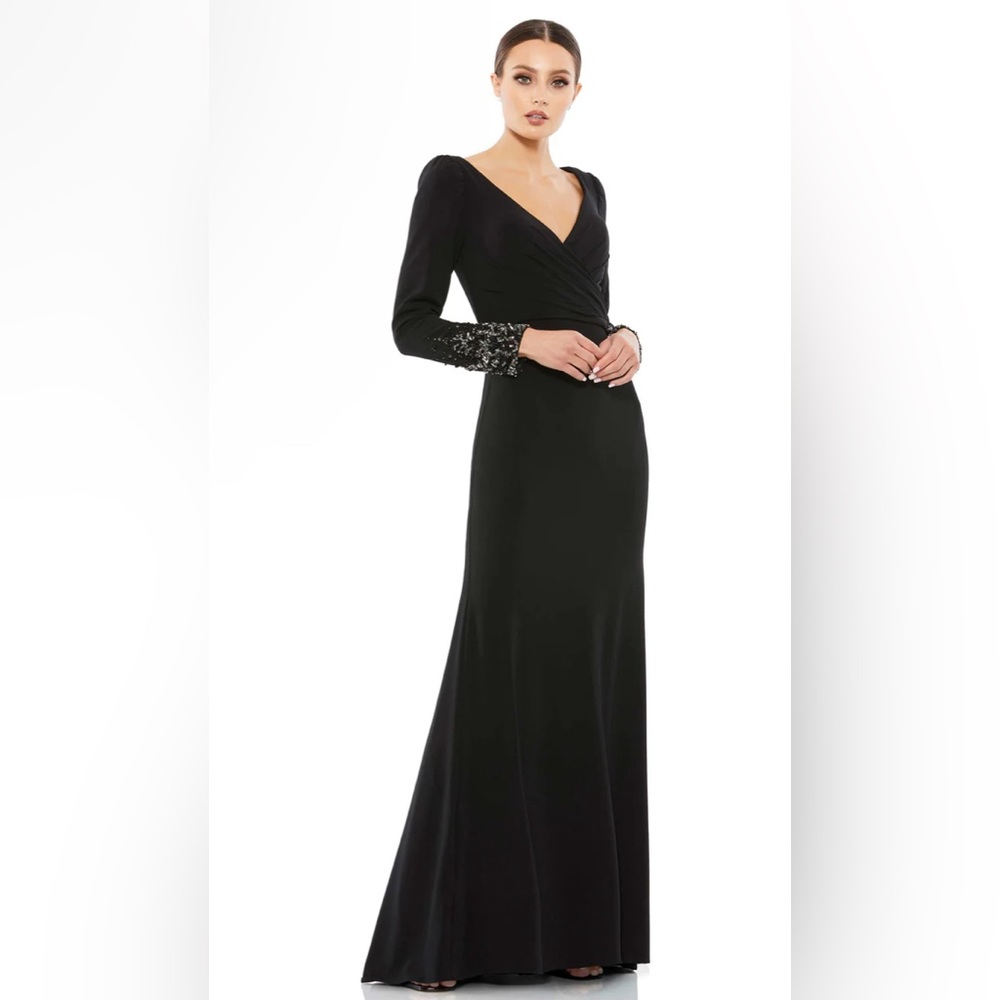 Mac Duggal BEADED CUFF LONG SLEEVE WRAP OVER TRUMPET GOWN NWT Size 10
